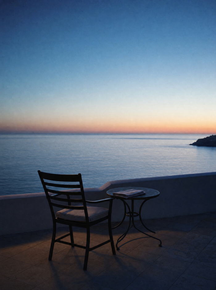 Cadeira e mesa vazias em um terraço sobre o mar, no começo da manhã.